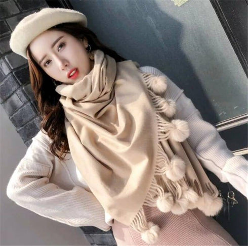 Solid Colour Soft Pom Pom Cashmere Shawl